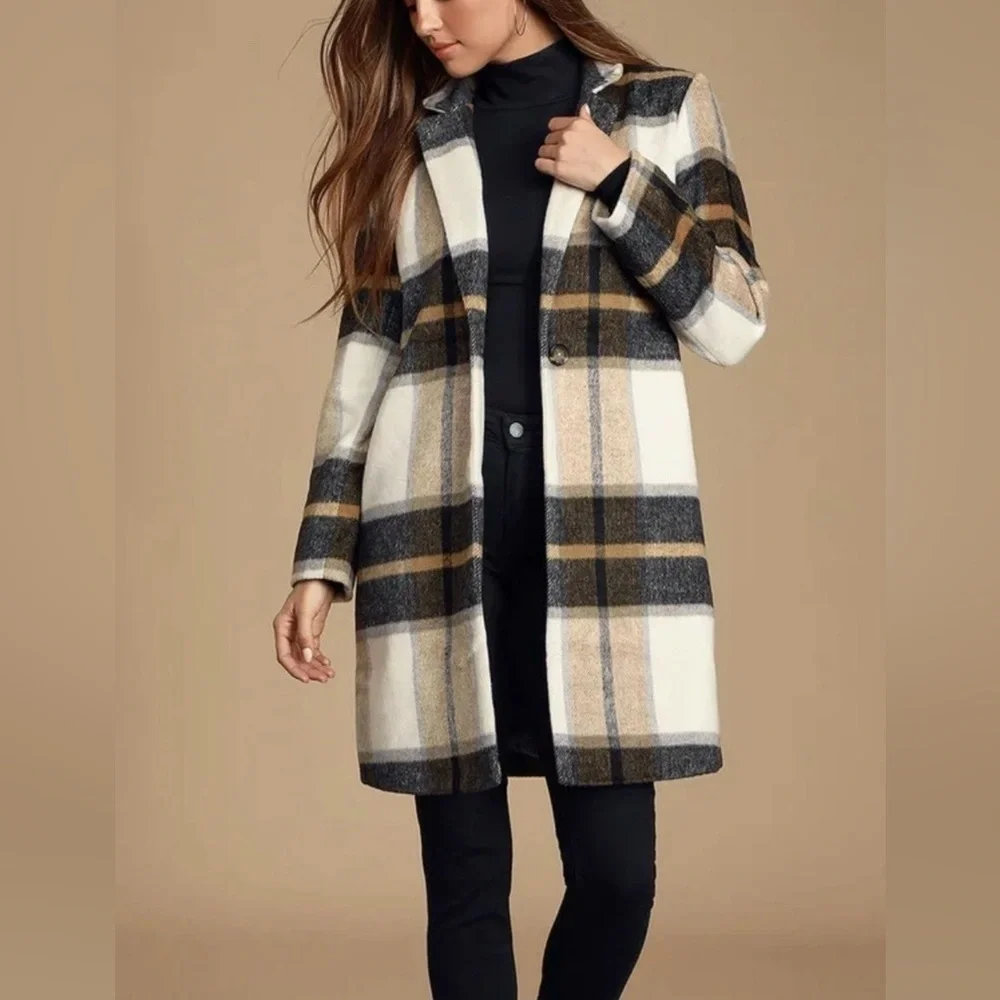 Steve Madden Cher Ivory Plaid Brushed Coat Wool Blend size S NWOT